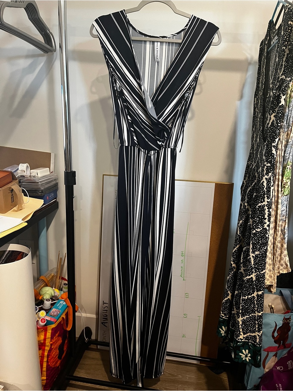 Emma & Michele Black and White Striped V-Neck Jumpsuit